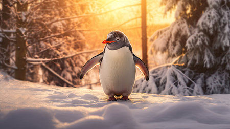 a penguin in a snowy landscape. playful, happy animal. Generative Aiの素材
