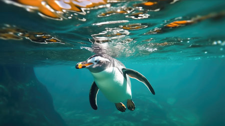 A penguin swimming marine life underwater ocean, Penguin on surface and dive dip water. Generative Aiの素材