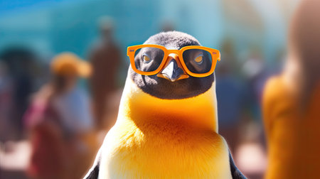 Portrait of King penguin in sunglasses. Generative Aiの素材