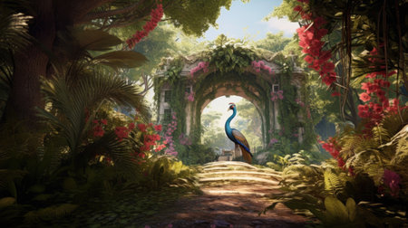 a tropical jungle with a peacock and leaves, flowers, and an arch in the distance. Generative Aiの素材