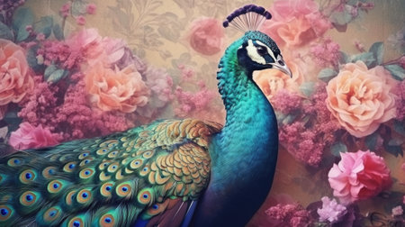 Beautiful peacock portrait on background of flowers. Vintage vertical painting. Generative Aiの素材