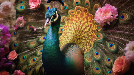 Beautiful peacock portrait on background of flowers. Vintage vertical painting. Generative Aiの素材