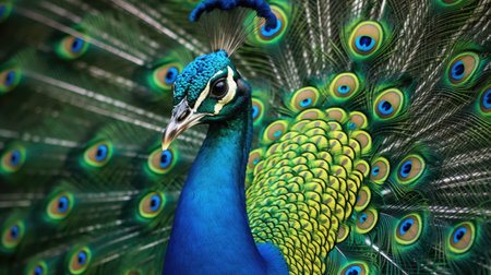 A Peacock with fanned tail. Generative Aiの素材