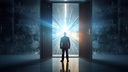 A businessman standing in abstract key opening in wall with bright light and mock up place. Solution and decision concept. Generative aiの素材