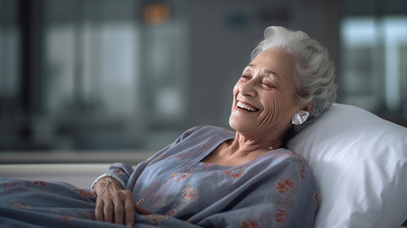 A Senior female patient lying satisfied smiling at modern hospital patient bed. health medical. Generative Aiの素材
