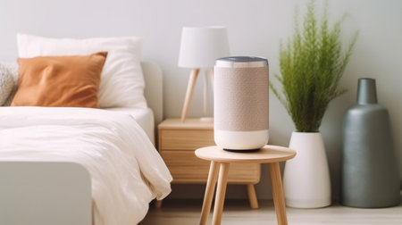 Air purifier in cozy white bedroom for filter and cleaning removing dust PM2.5 HEPA and virus in home,for fresh air and healthy Wellness life. Generative aiの素材