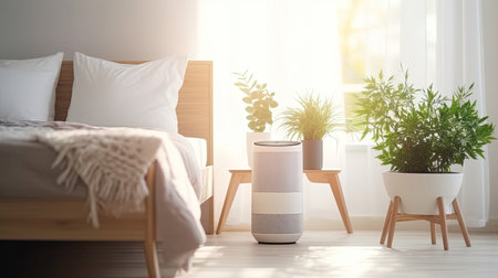 Air purifier in cozy white bedroom for filter and cleaning removing dust PM2.5 HEPA and virus in home,for fresh air and healthy Wellness life. Generative aiの素材