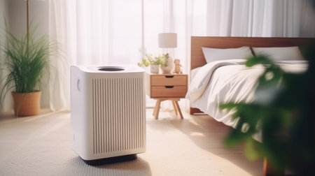 Air purifier in cozy white bedroom for filter and cleaning removing dust PM2.5 HEPA and virus in home,for fresh air and healthy Wellness life. Generative aiの素材