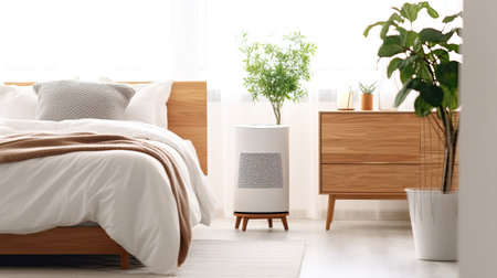 Air purifier in cozy white bedroom for filter and cleaning removing dust PM2.5 HEPA and virus in home,for fresh air and healthy Wellness life. Generative aiの素材