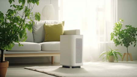 Air purifier in cozy white living room for filter and cleaning removing dust PM2.5 HEPA and virus in home, Air Pollution Concept. Generative aiの素材