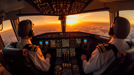 Pilots fly the plane. View from the cockpit of a modern passenger plane on the clouds behind the aircraft window. Generative Aiの素材