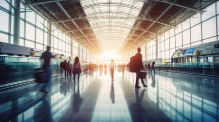 Airport terminal. Travelers walking with a luggage at airport terminal and airport terminal blurred crowd of Travelling people on the Background. Generative Aiの素材