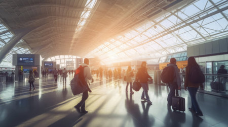 Airport terminal. Travelers walking with a luggage at airport terminal and airport terminal blurred crowd of Travelling people on the Background. Generative Aiの素材