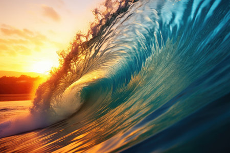 Surfer on blue ocean wave getting barreled at Sunrise. Surf. Generaive Aiの素材