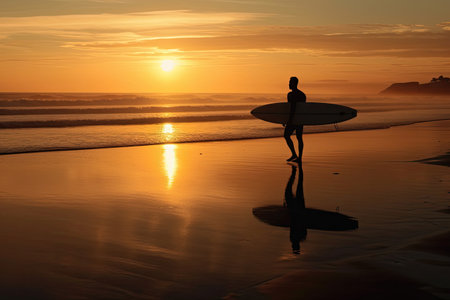 Silhouette of Surfer man on the beach at sunset. Surf. Generaive Aiの素材