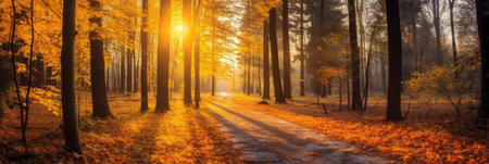 Autumn forest road in autumn leaves background. morning sunlight. Generative Aiの素材