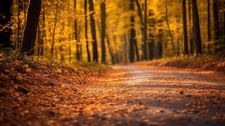 Autumn forest road in autumn leaves background. morning sunlight. Generative Aiの素材