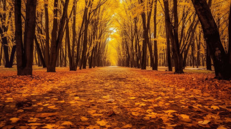 Autumn forest scenery with road of fall leaves & warm light illumining the gold foliage. Footpath in scene autumn forest nature. Generative Aiの素材