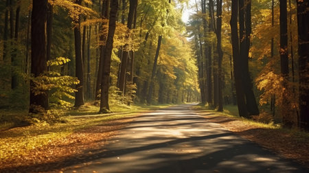 Autumn forest road in autumn leaves background. morning sunlight. Generative Aiの素材