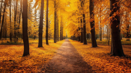 Autumn forest scenery with road of fall leaves & warm light illumining the gold foliage. Footpath in scene autumn forest nature. Generative Aiの素材
