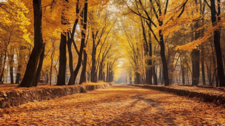 Autumn forest scenery with road of fall leaves & warm light illumining the gold foliage. Footpath in scene autumn forest nature. Generative Aiの素材