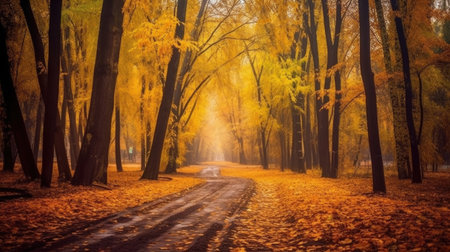 Autumn forest scenery with road of fall leaves & warm light illumining the gold foliage. Footpath in scene autumn forest nature. Generative Aiの素材