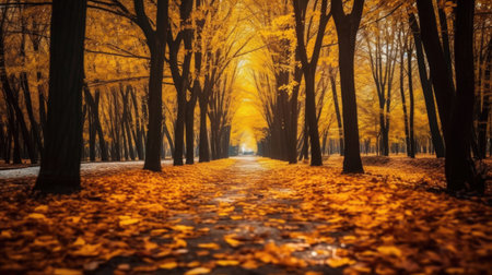 Autumn forest scenery with road of fall leaves & warm light illumining the gold foliage. Footpath in scene autumn forest nature. Generative Aiの素材