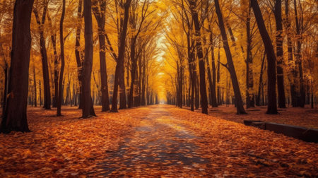 Autumn forest scenery with road of fall leaves & warm light illumining the gold foliage. Footpath in scene autumn forest nature. Generative Aiの素材