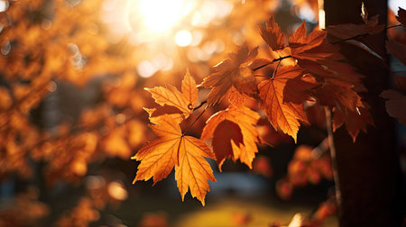 Autumn leaves on the sun and blurred trees for fall background. Generative Aiの素材