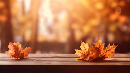 Autumn maple leaves on wooden table for fall blurred background. Generative Aiの素材