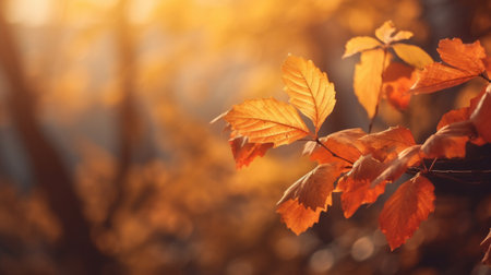 Autumn leaves on the sun and blurred trees for fall background. Generative Aiの素材