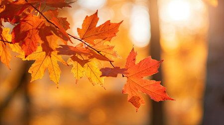 Autumn leaves on the sun and blurred trees for fall background. Generative Aiの素材