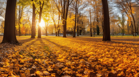 Autumn, Golden autumn scene in a park, with falling leaves, the sun shining through the trees and blue sky. morning sunlight. Generative Aiの素材