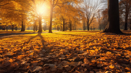 Autumn, Golden autumn scene in a park, with falling leaves, the sun shining through the trees and blue sky. morning sunlight. Generative Aiの素材