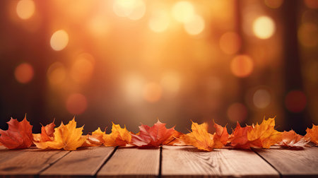 Autumn maple leaves on wooden table for fall blurred background. Generative Aiの素材
