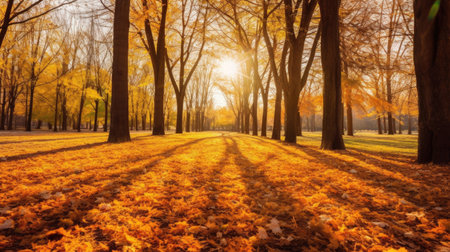 Autumn, Golden autumn scene in a park, with falling leaves, the sun shining through the trees and blue sky. morning sunlight. Generative Aiの素材