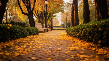 Autumn, Pathway in beautiful autumn city background. Generative Aiの素材