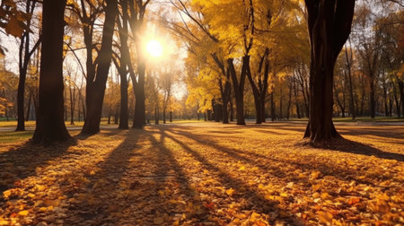 Autumn, Golden autumn scene in a park, with falling leaves, the sun shining through the trees and blue sky. morning sunlight. Generative Aiの素材