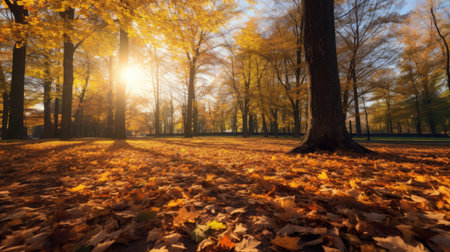 Autumn, Golden autumn scene in a park, with falling leaves, the sun shining through the trees and blue sky. morning sunlight. Generative Aiの素材