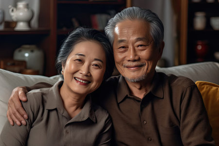 Asian elderly couple feeling happy smiling and looking to camera  in living room at home. Generative Aiの素材