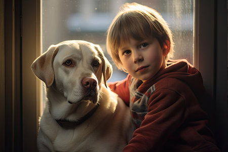 A child with a labrador at home. Generative Aiの素材