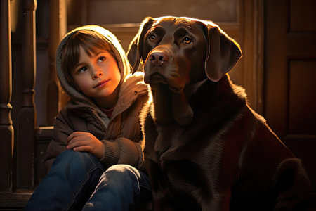 A child with a labrador at home. Generative Aiの素材