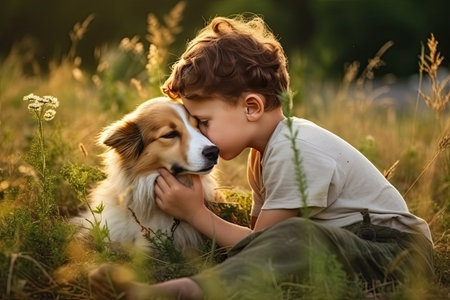 A Little boy kisses the dog in the field in summer day. Friendship, care, happiness, Cute child with doggy pet portrait at nature in the morning. Generative Aiの素材