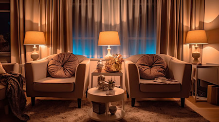 Interior of light living room with lamps. Idea for interior design. Generative Aiの素材