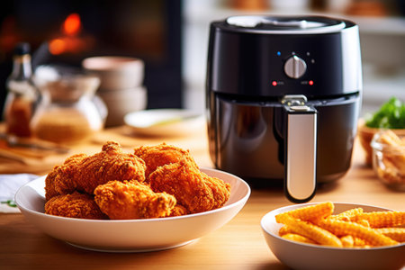 Air fryer with fried breaded chicken on the table in the kitchen. Generative Aiの素材