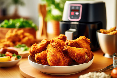 Air fryer with fried breaded chicken on the table in the kitchen. Generative Aiの素材