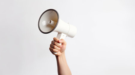 Hand of young man holding megaphone over isolated white background. Generative Aiの素材