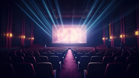 Cinema concept, Empty cinema screen with audience. Generative Aiの素材