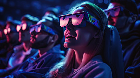 Group of Young people wear 3D glasses watching movies in cinema. Generative Aiの素材