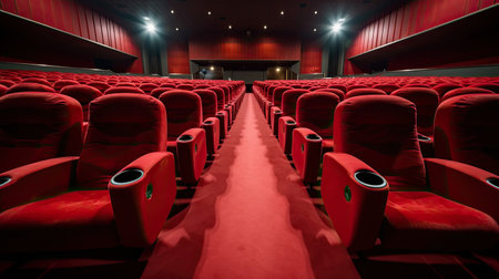 Empty comfortable red seats in cinema. movie. Generative Aiの素材